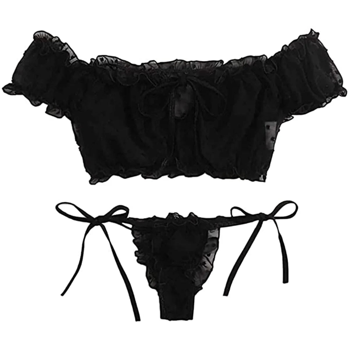 Lace Bra and Panty Set Seductive Two Piece Lingerie with Bow Detail and Sheer Mesh Fabric