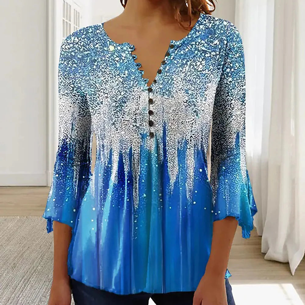 Women's V-Neck Short Sleeve Summer Button T-Shirt Street Trend Flower Geometric Print Women's Loose Casual V-Neck