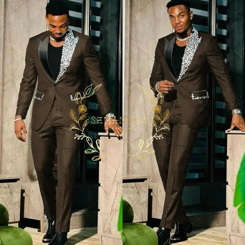 Suits for Men Slim Fit Single Breasted Peak Lapel Blazer High Quality Crystal Prom Party 2 Piece Jacket Pants Sets Terno