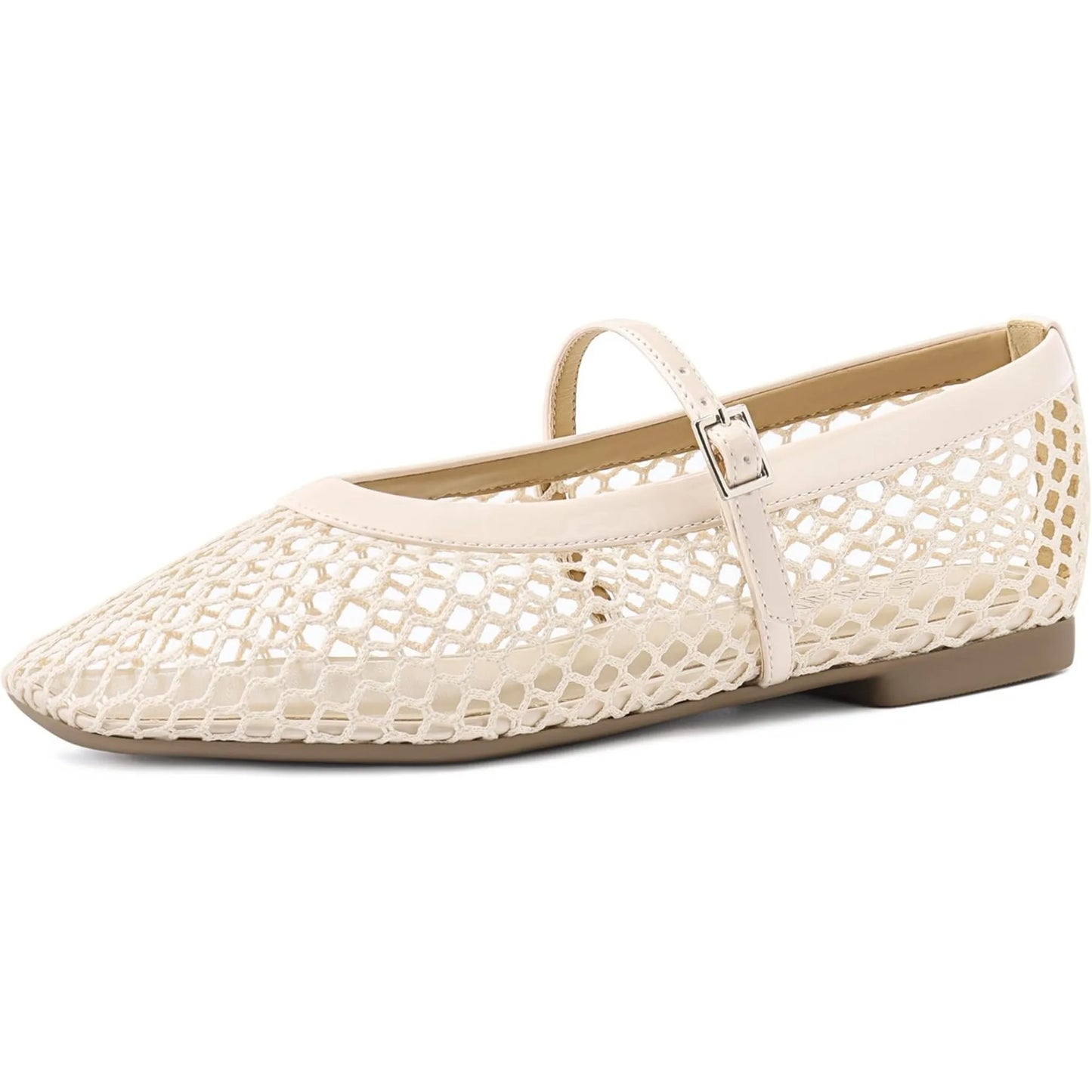 Mesh Ballet Flats for Women Comfortable Square Toe Ballerina Flats Buckle Strap Casual Fishnet Flat Shoes