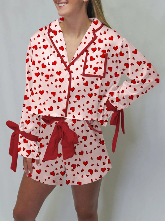 Valentine s Day  Pajama Set with Heart Print Long Sleeve Shirt and Drawstring Shorts  Sleepwear Comfort