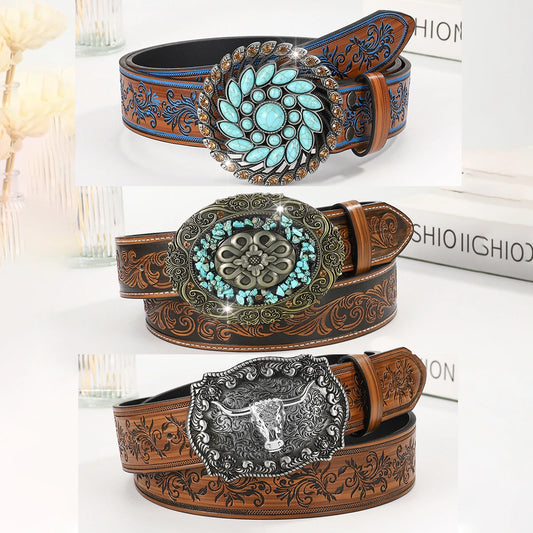Vintage Turquoise Buckle Belt Classic Embossed Western Faux Leather Belt Vintage Denim Cowgirl Jeans Pants Belt for Women Daily