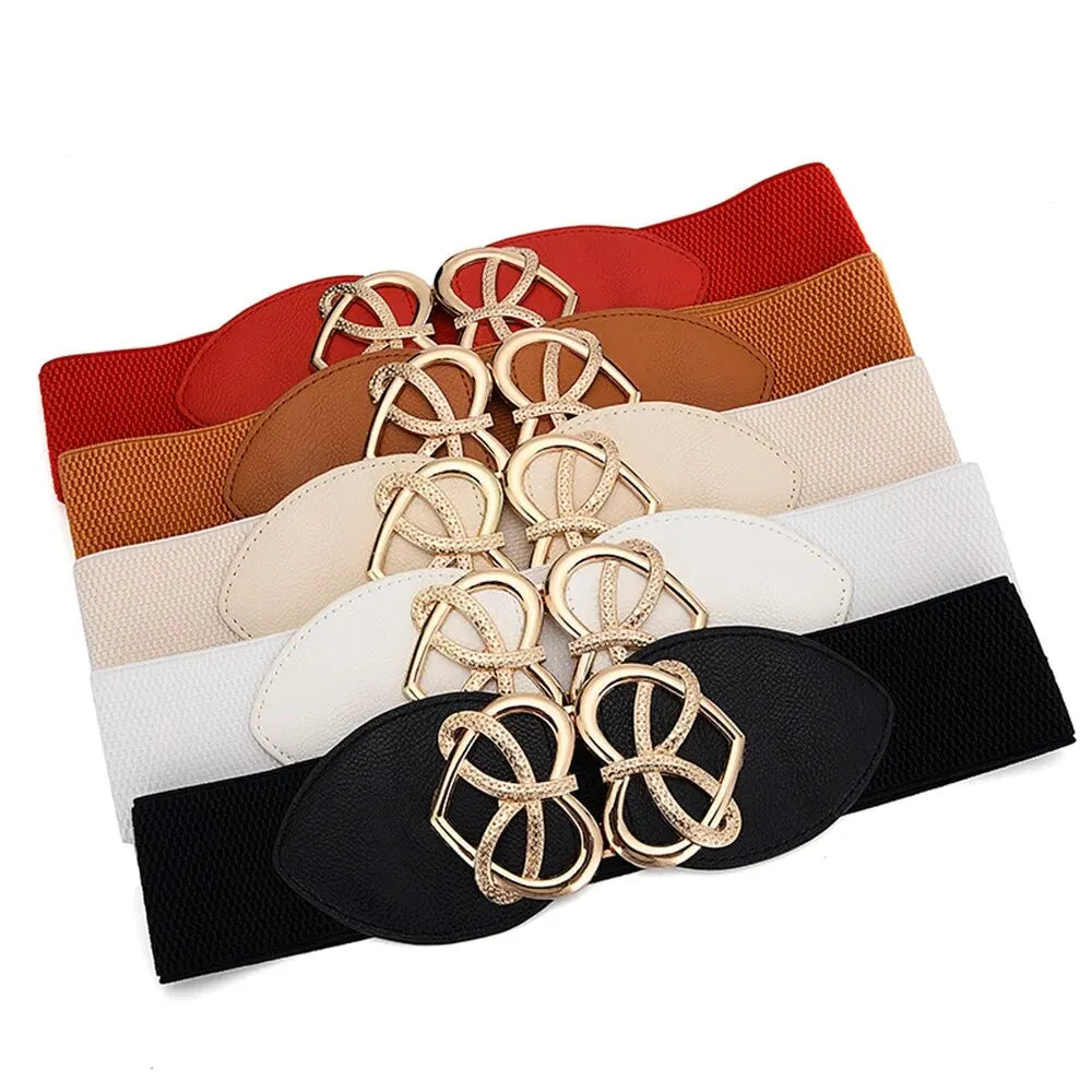 Women's Waist Cover Fashionable Golden Buckle Elastic Waist Closure With Double Hook Buckle Wide Belt