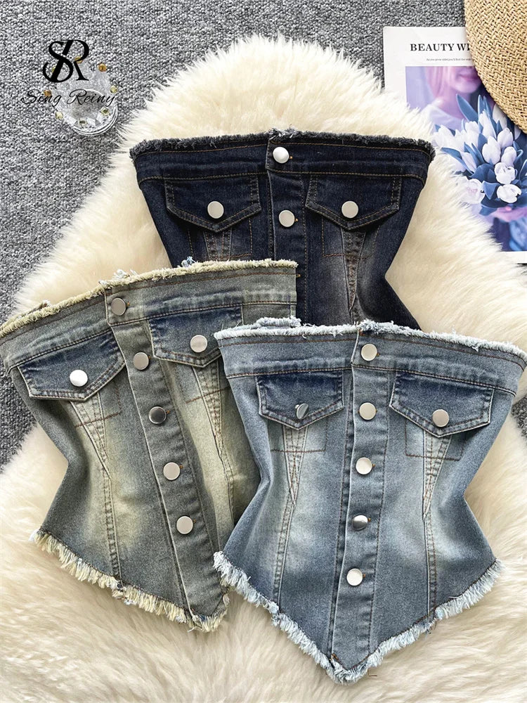 SINGREINY American Retro Strapless Denim Top Women Elastic Ruched Irregular Fashion Blouse Hotsweet Short Beach Sexy Tank Top