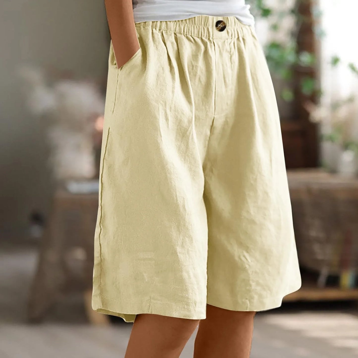 Women's Fashion Solid Color Shorts Pocket Button Up Capris Loose Elastic Waist Cotton Linen Shorts