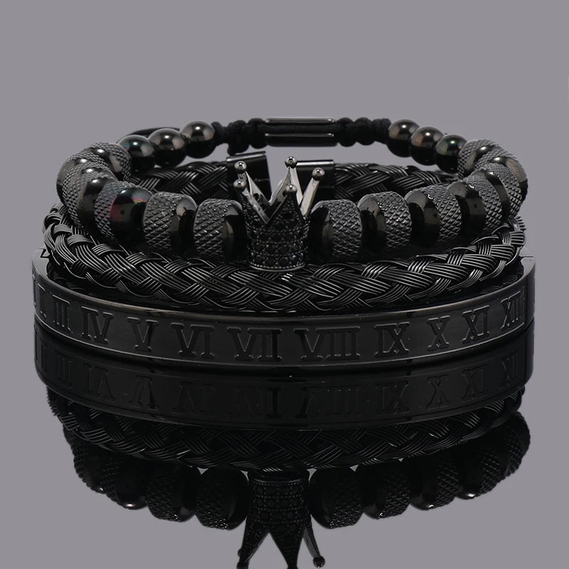 Luxury Set Crown Charms Man Bracelet Roman Stainless Steel Women Bangles Hand Jewelry