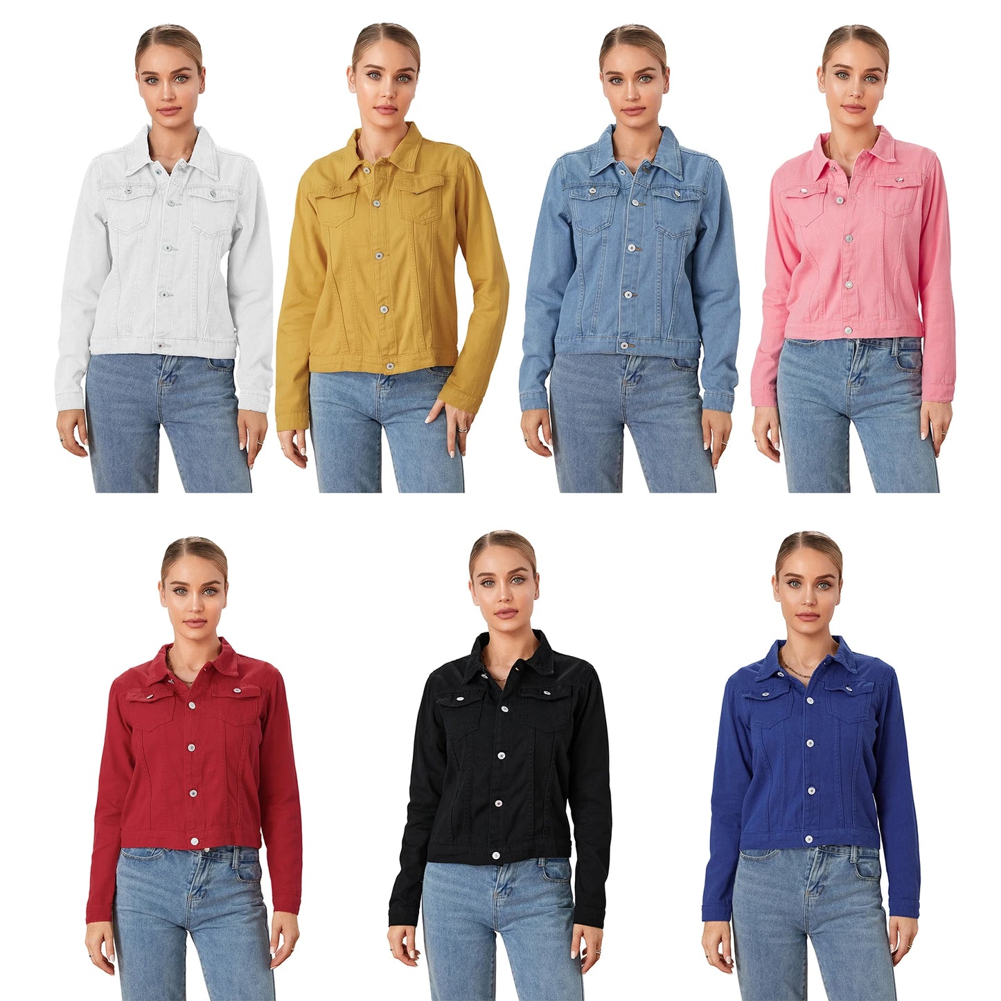 Solid Color Denim Jacket  Lapel Button Cardigan Jean Jacket  Casual Long Sleeve Short Coat