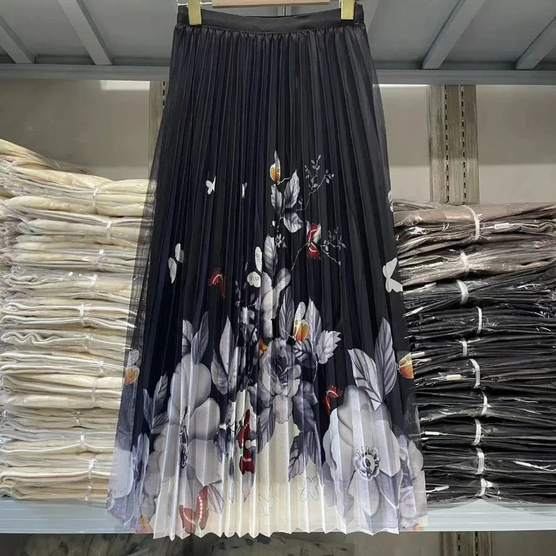 High Waisted Butterfly Printing  Gauze Pleated Casual Spring Autumn Knee Skirt