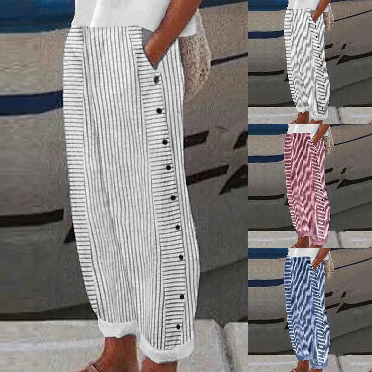 Long Linen Pants Women's Summer Fashion Striped Print Button Casual Versatile Loose High Waist  Dress Pants