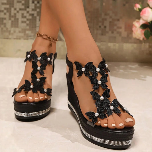 Women's High Wedge Sandals Platform Fashionable Butterfly Decoration Rhinestones Popular Among Toe Sandals For Women