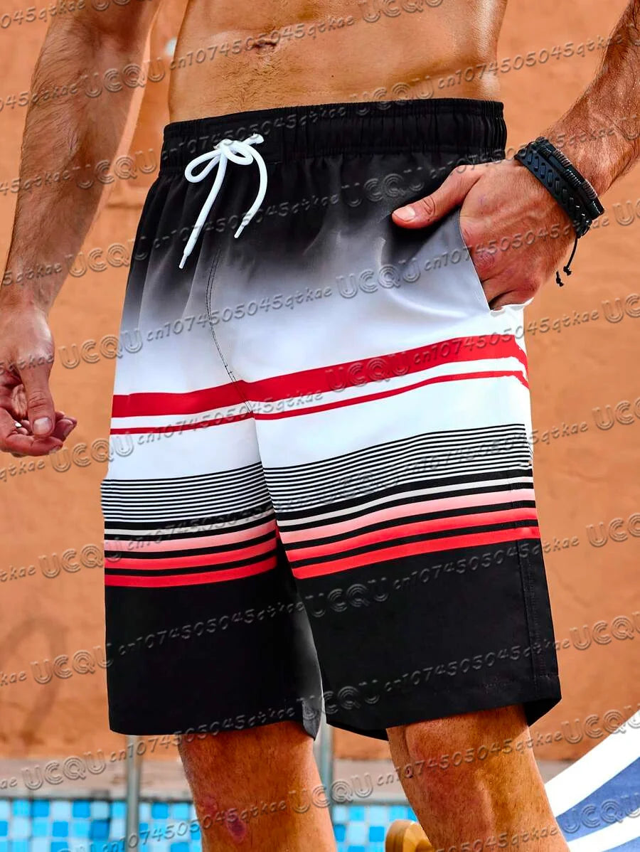 Men'S Striped Minimalist Casual Shorts Summer Beach Swimming And Surfing Shorts Outdoor Fitness&Sports Loose Drawstring Shorts