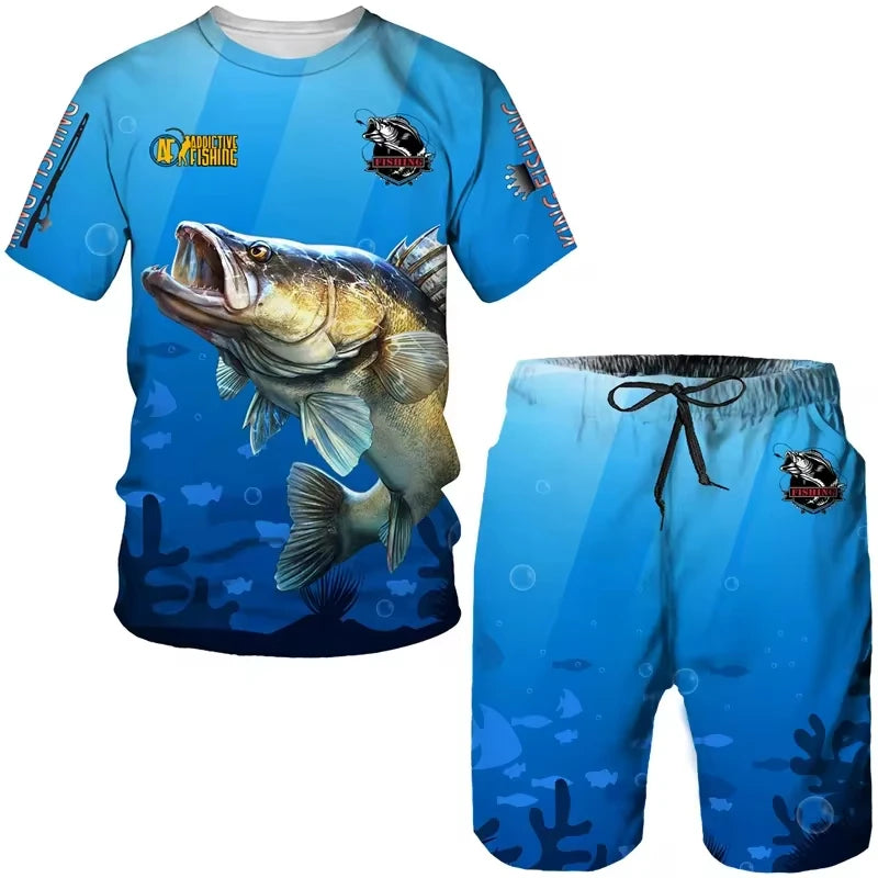 Outdoor Sports Men's Tracksuit Fishing O-Neck Short Sleeves Shorts 2 Piece Outfit Oversized T-Shirt Men Clothing Casual Suit
