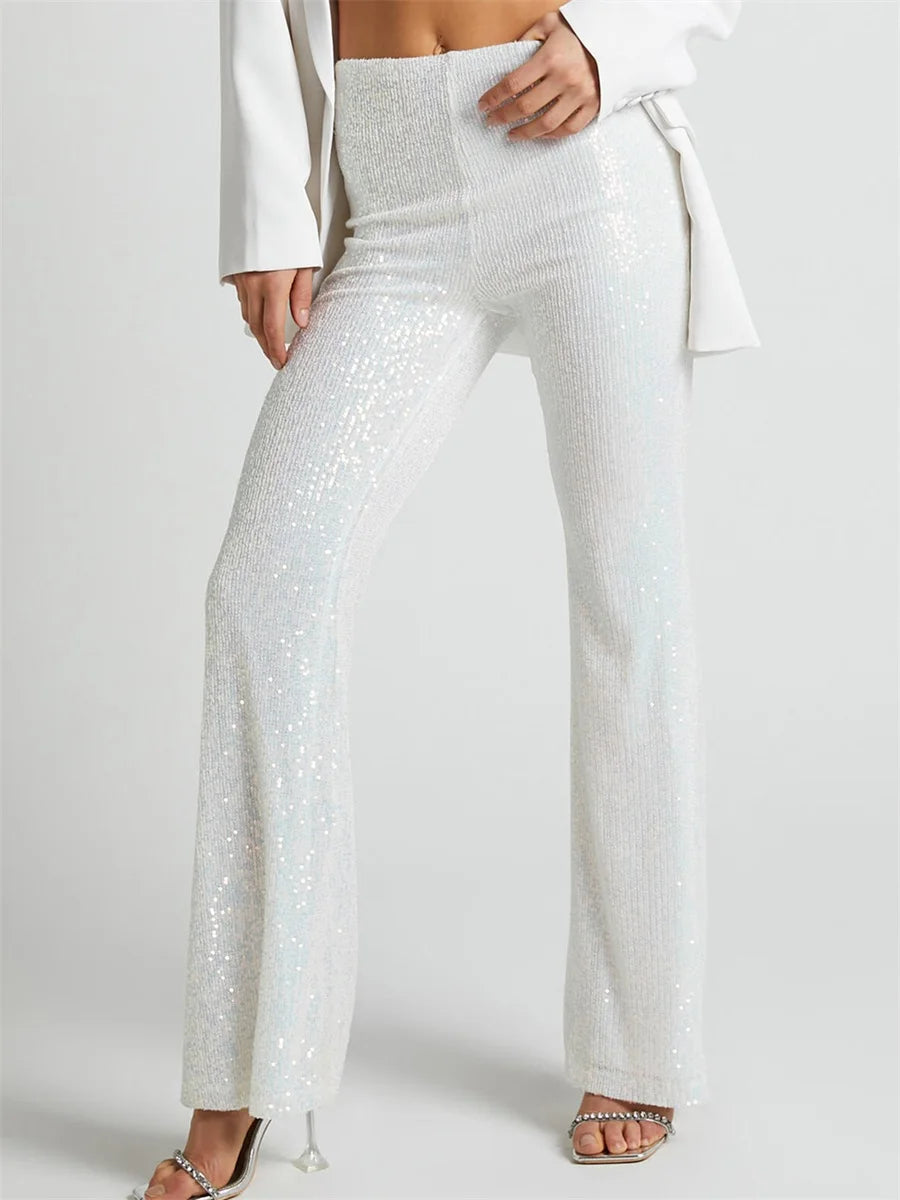 Women Sequin Embellished High Waist Flare Pants  Long Trousers