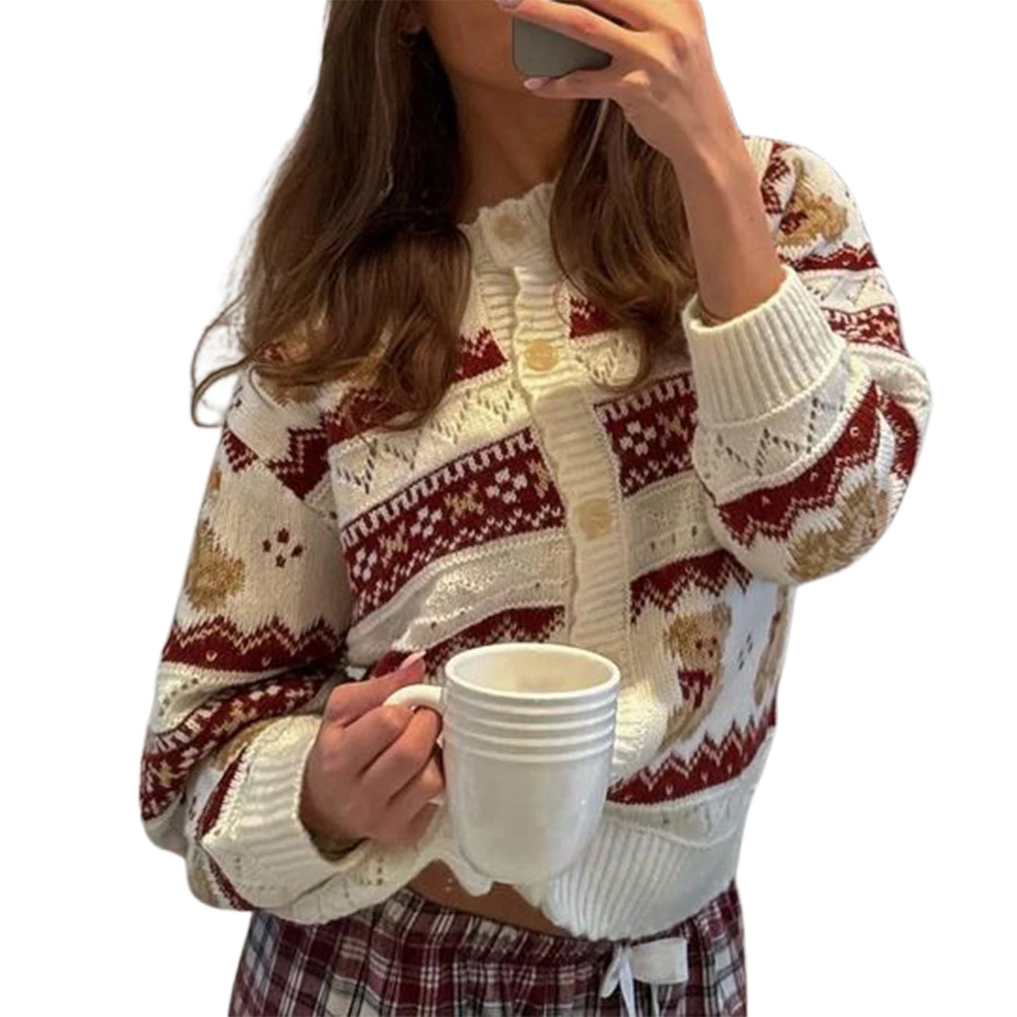 Women s Bear Print Cardigan Long Sleeve Drop Shoulder V-Neck Button Down Sweater Knit