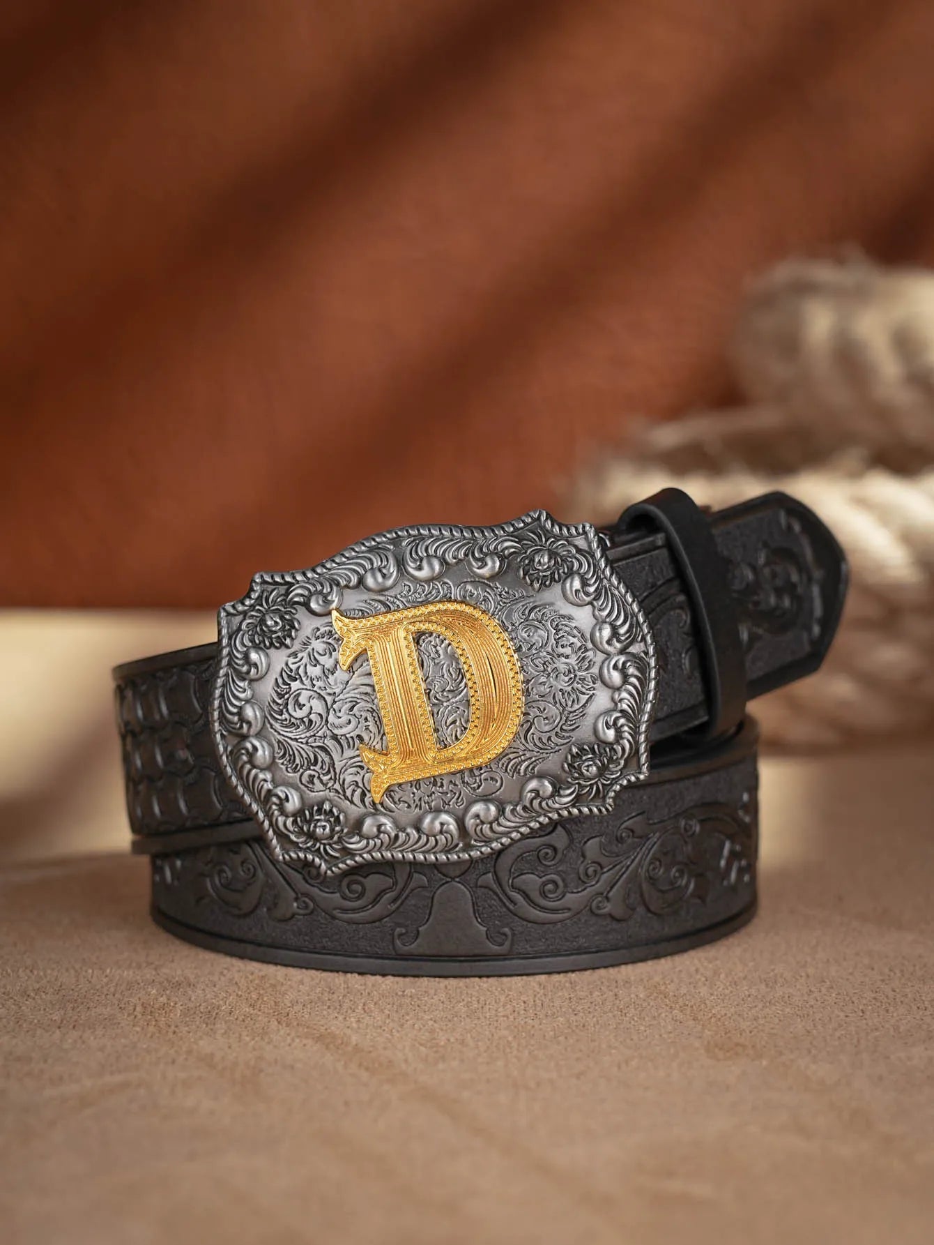 Western Cowboy PU Leather Belt  Waist Strap Bull Decoration Floral Engraved for Jeans