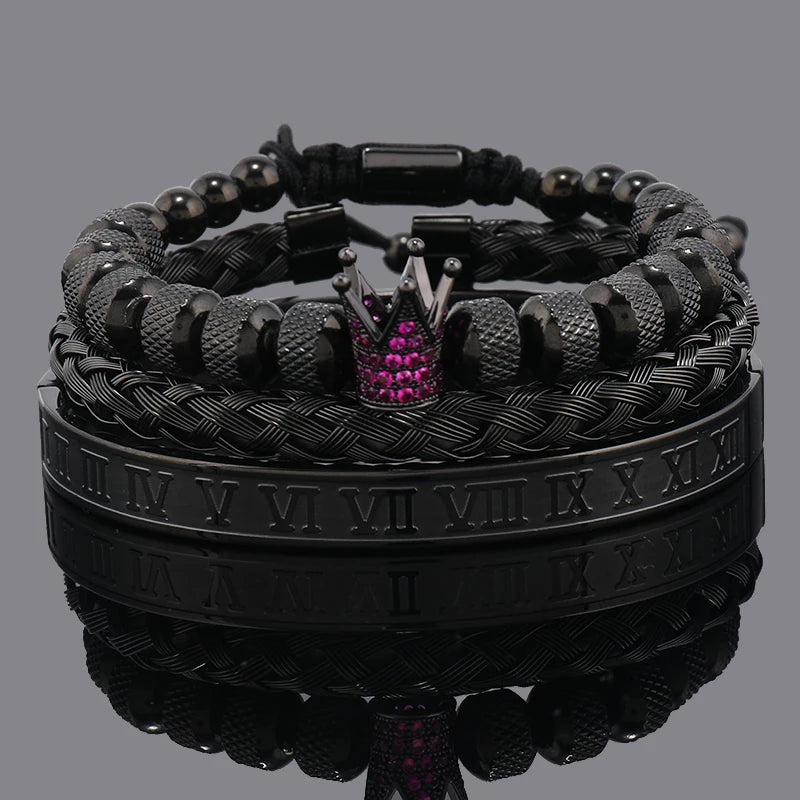 Luxury Set Crown Charms Man Bracelet Roman Stainless Steel Women Bangles Hand Jewelry
