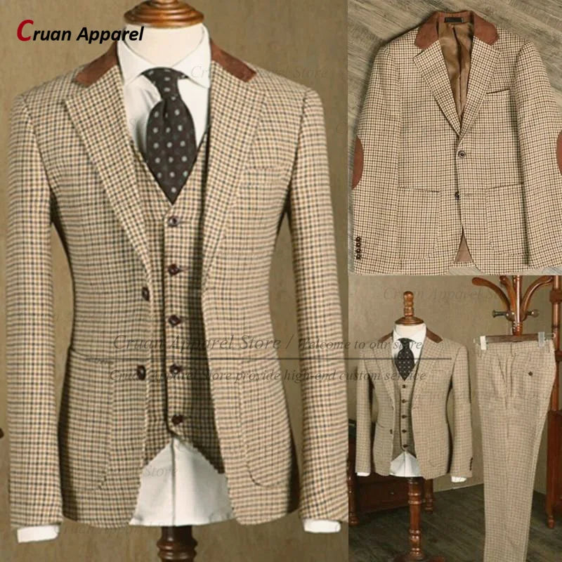 Classic Suit Sets For Men Fashion Checkered Blazer Vest Pants 3 Pieces Formal Party Tailor-made Elegant Slim Fit Costumes