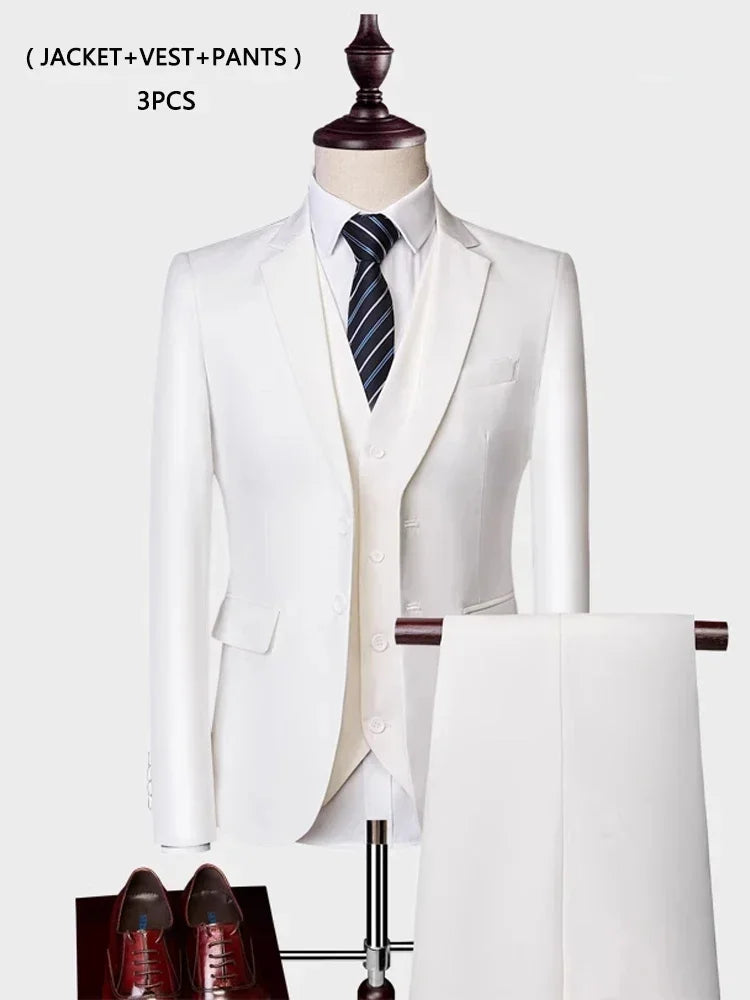 ( Jacket +Vest+ Pants ) Luxury Men's High-end Brand Solid Color Business Office Suit 3Pcs & 2Pcs Groom Wedding Party Suit Tuxedo