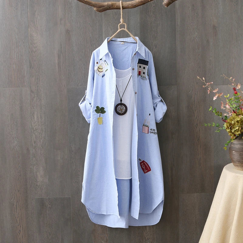 Women Cotton Embroidery Loose Long Shirts Casual Office Lady Blouse Female Top Loose shirt
