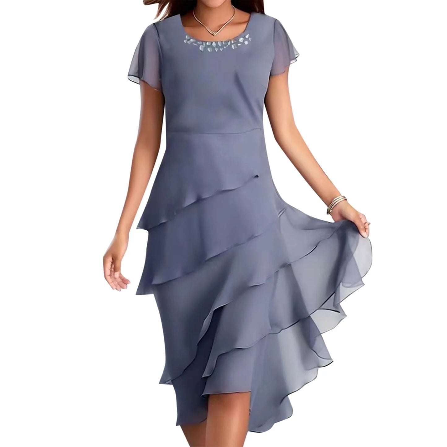 Women's Summer Elegant Solid Color Ruffles Pleated Party Dress Fashion Diamonds Patchwork O-neck Swing Hem Evening Prom Dress