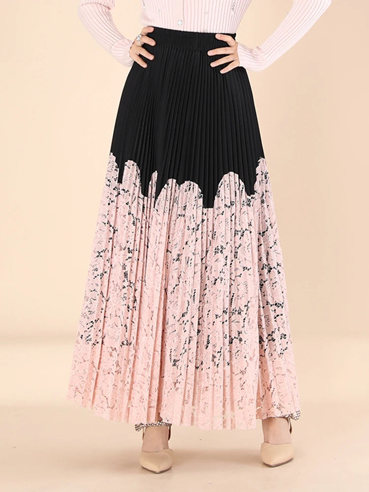 Lace Spliced Printing Pleated High Waist Loose Causal Colorblock Skirt