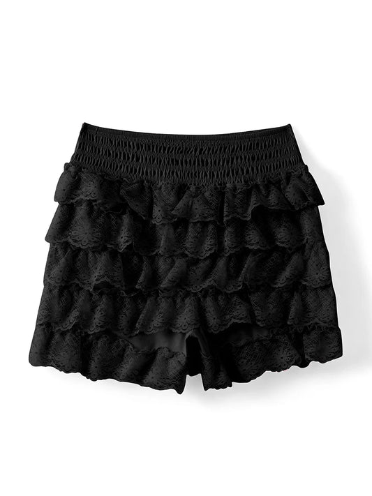 Lace Lingerie Shorts with Elastic Waistband and Tiered Ruffled Design for Bodycon Fit and Style