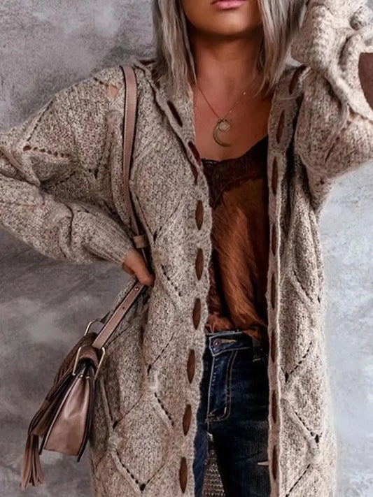 Plus Size Color Block Hooded Cardigan, Elegant Mid-Length Thick Knitted Sweater