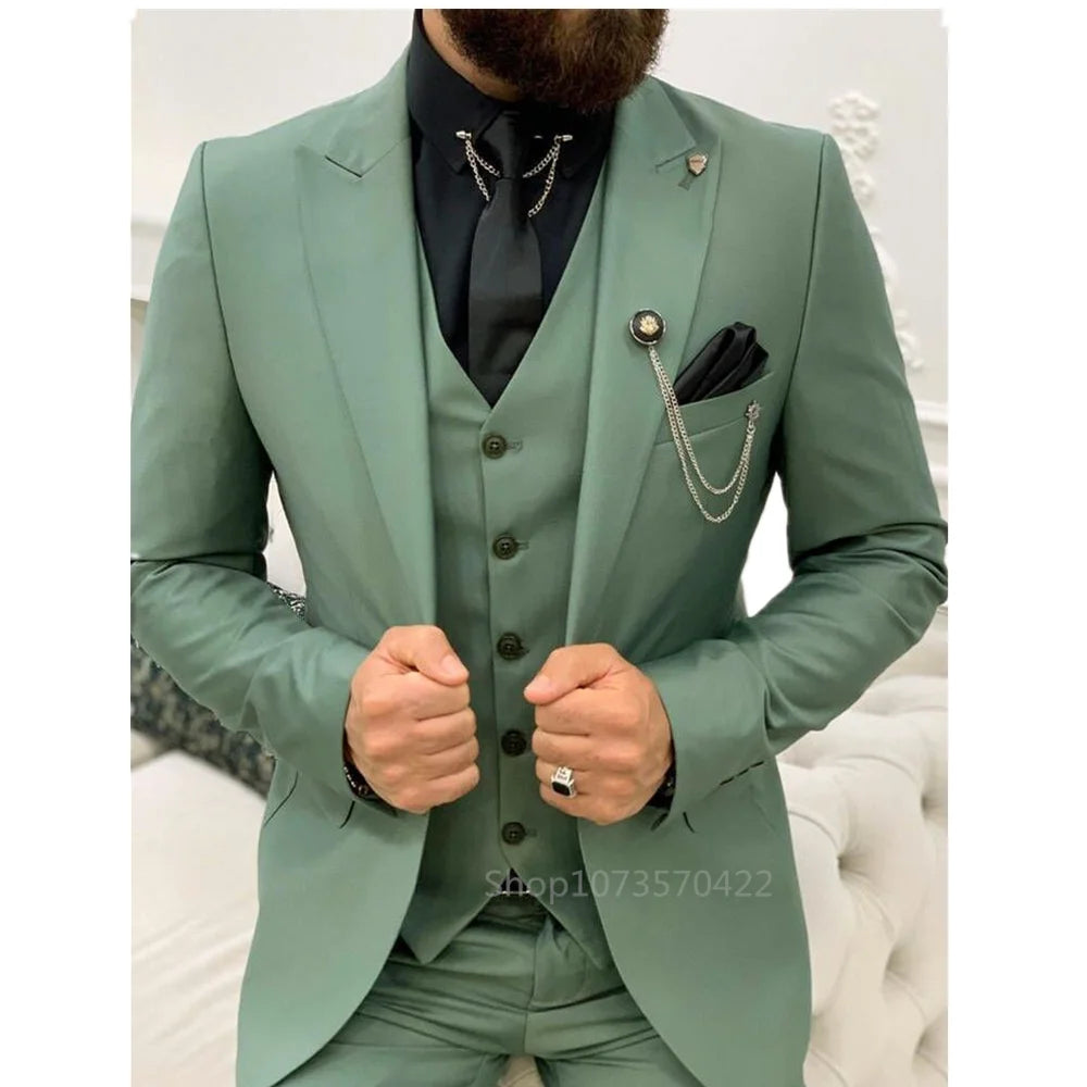 Solid Men Suits 3 Piece Formal Male Suits Fashion Clothing Set Jacket with Pants and Vest