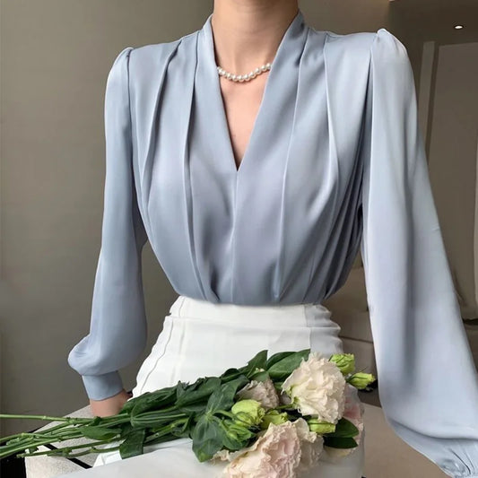 Elegant Fashion Solid Color Bohemian Office Deep V Neck Long Sleeve Tops