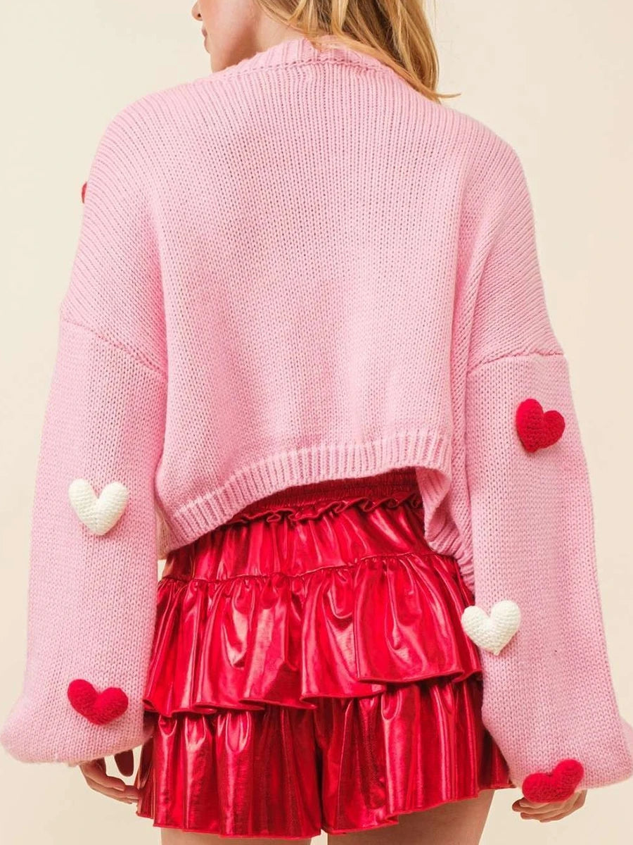 Valentine s Day Heart Print Knit Cardigan Sweater Long Sleeve Embroidered