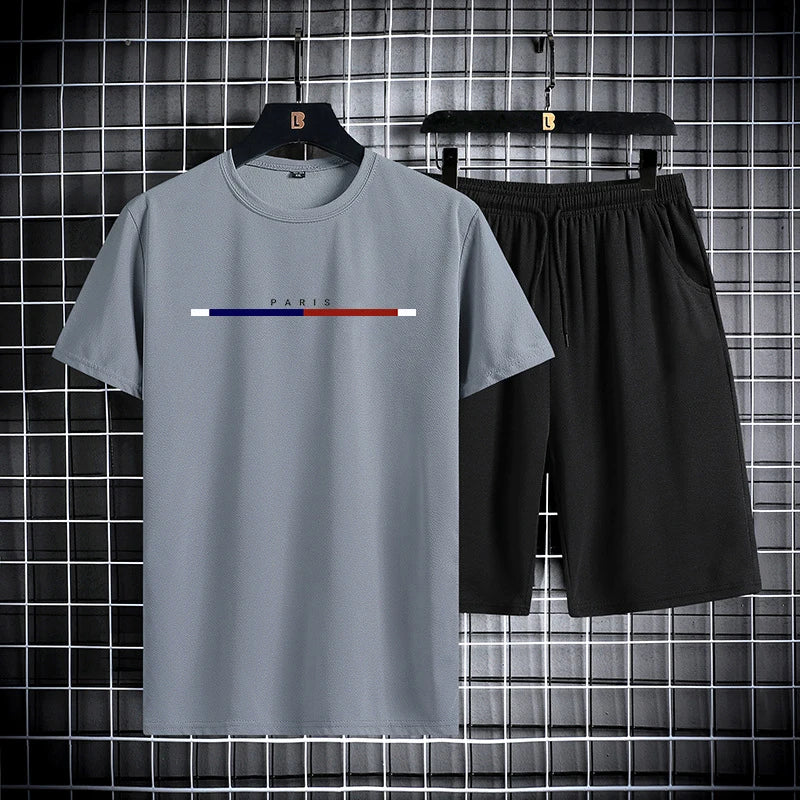 Summer men's short sleeved shorts set with round neck quick drying sports T-shirt thin breathable running sportswear