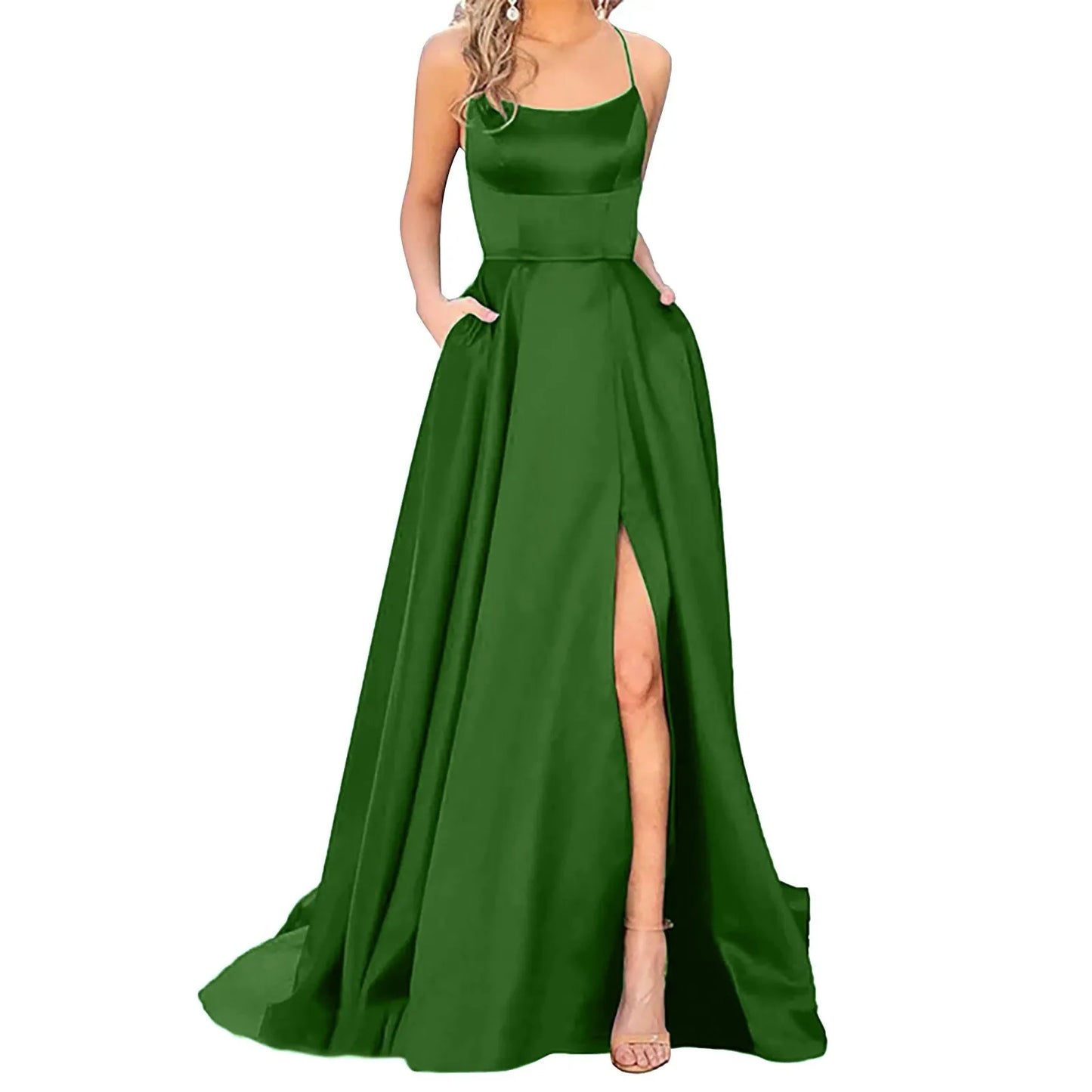 Women's  Satin Halter Backless Prom Dress Elegant High Slits Spaghetti Strap Evening Dress