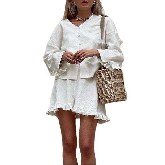 Solid Color V Neck Long Sleeve Tops Elastic Waist Ruffle Shorts 2 Piece Casual Set