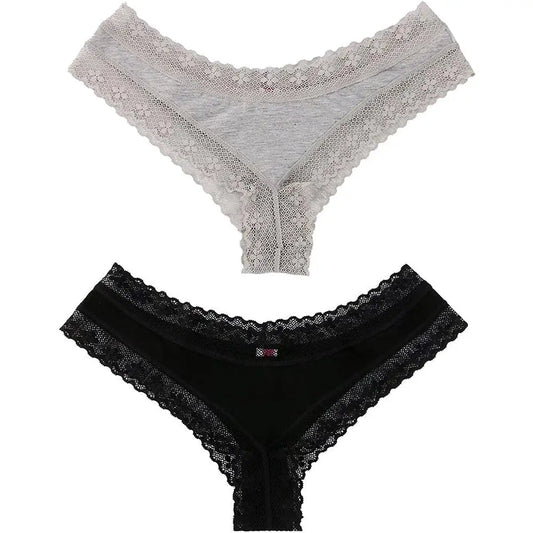 2pc Solid Comfy Lace Cheeky Panties,  Breathable Stretchy Intimates Panties, Women's Lingerie and Underwear