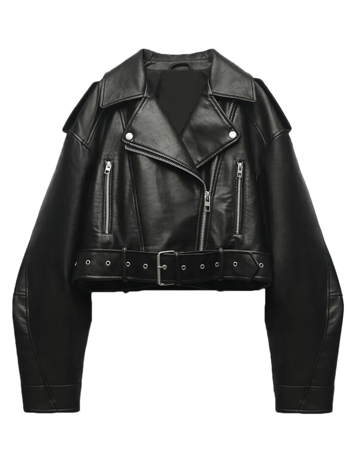 Faux PU Leather Jacket Casual Lady Lapel Zipper Short Leather Jacket High Street Motorcycle Coat