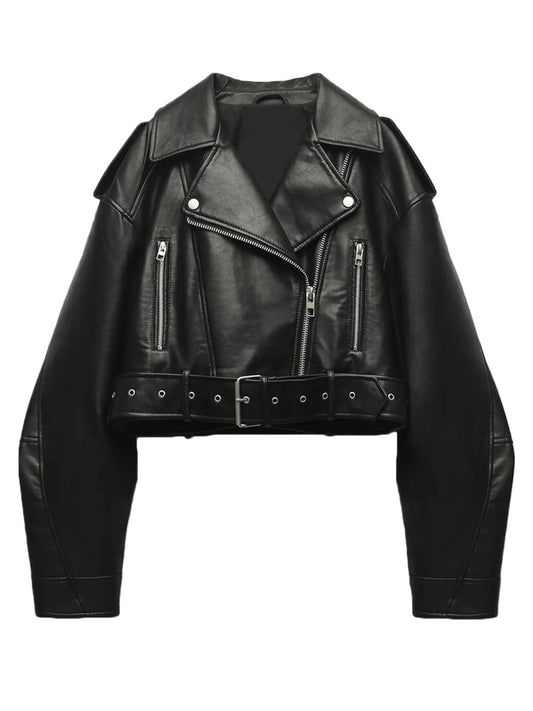 Faux PU Leather Jacket Casual Lady Lapel Zipper Short Leather Jacket High Street Motorcycle Coat
