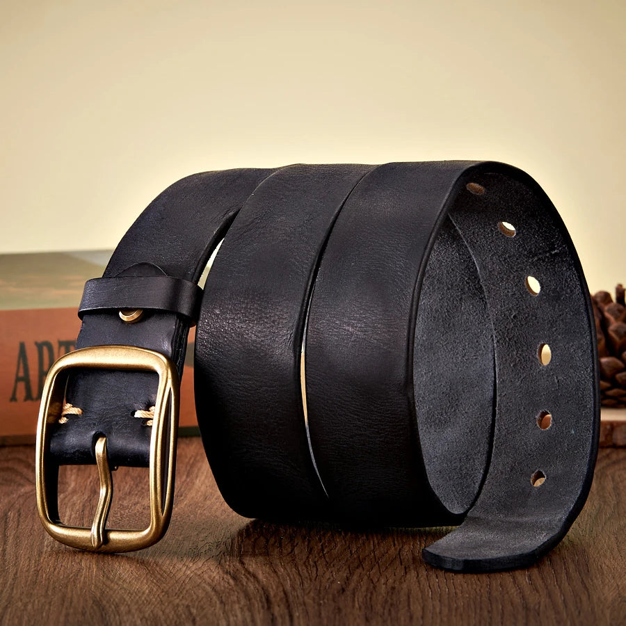 3.8CM Real Genuine Thick Leather Belt Cowhide Copper Pin Buckle Casual Retro