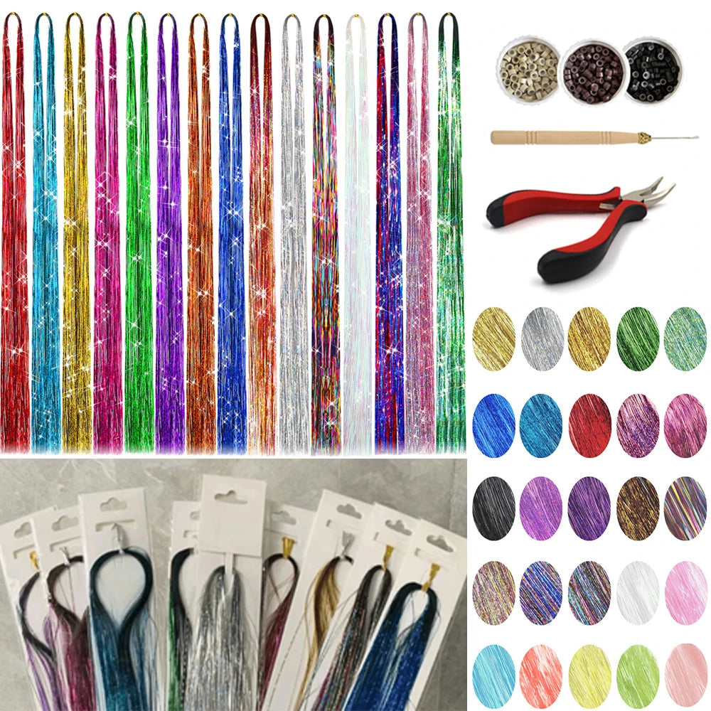 36/48inch Synthetic Sparkle Hair Tinsel Rainbow Colored Strands  Headwear Hair binge Hair Laser False Hair Extensions Decor