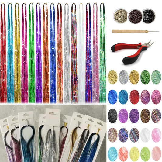 36/48inch Synthetic Sparkle Hair Tinsel Rainbow Colored Strands  Headwear Hair binge Hair Laser False Hair Extensions Decor