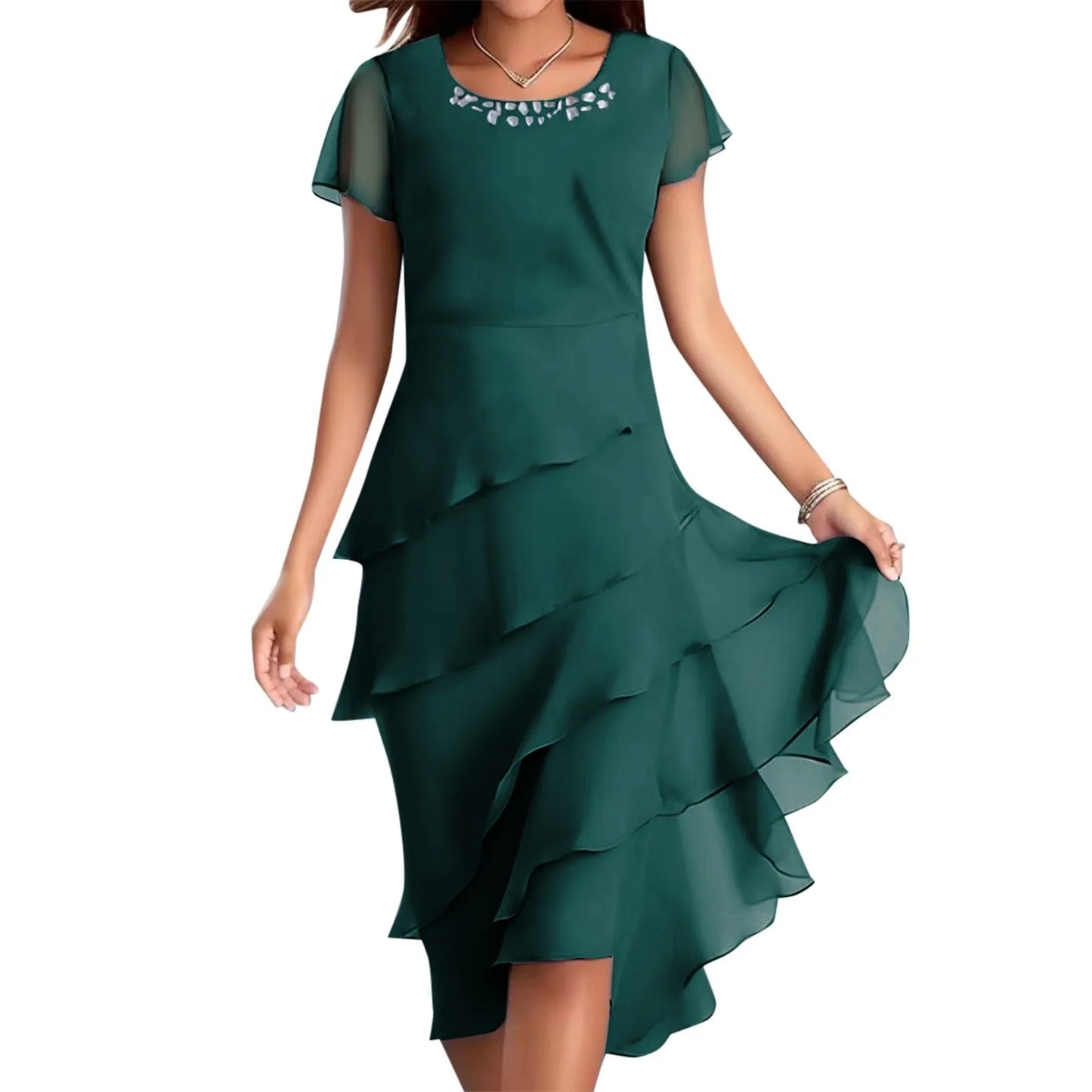 Women's Summer Elegant Solid Color Ruffles Pleated Party Dress Fashion Diamonds Patchwork O-neck Swing Hem Evening Prom Dress