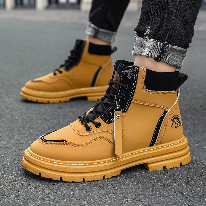 Men's thick soled shock-absorbing, wear-resistant, anti slip, retro casual yellow boots are comfortable, lightweight, cold resistant