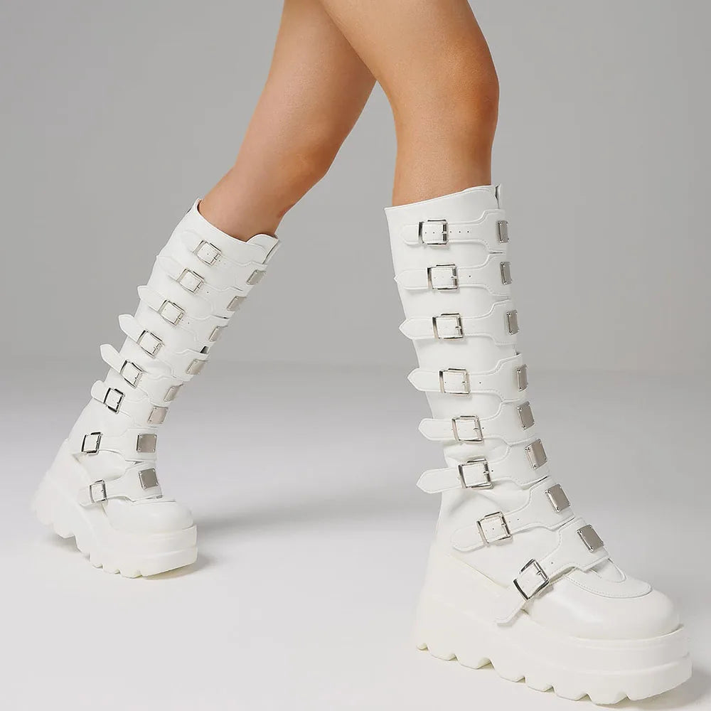 Punk Goth  Knee High Boots Round Toe Multi Metal Buckle Zipper Motorcycle Boots