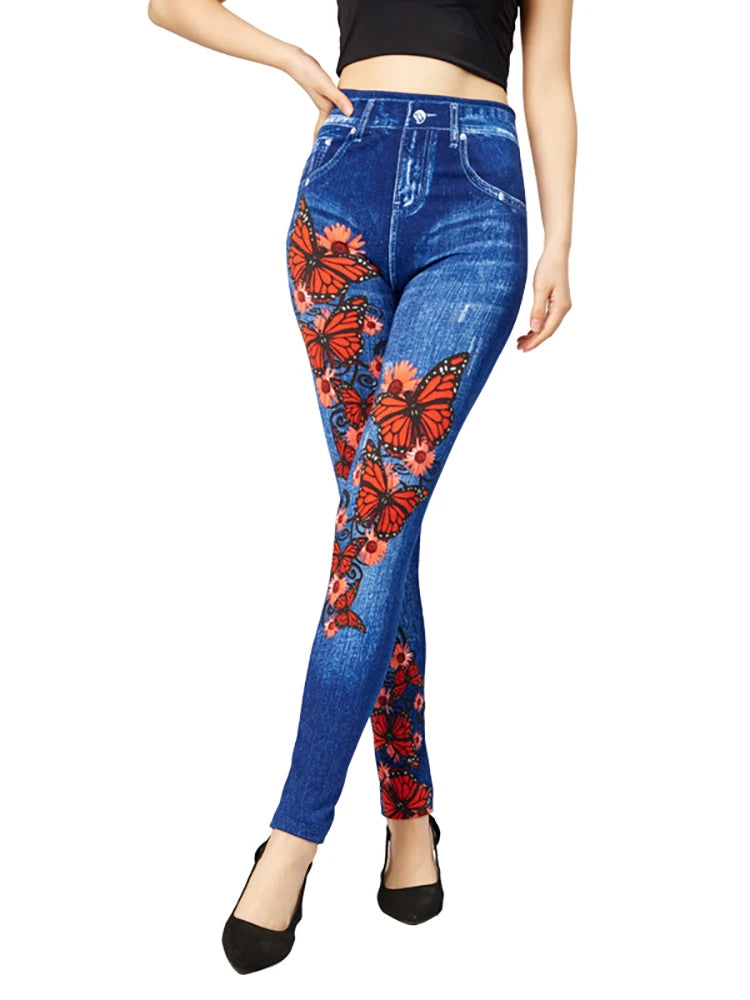 Leggings High Waist Elastic Butterfly Printed Pencil Pants Faux Denim Leggings