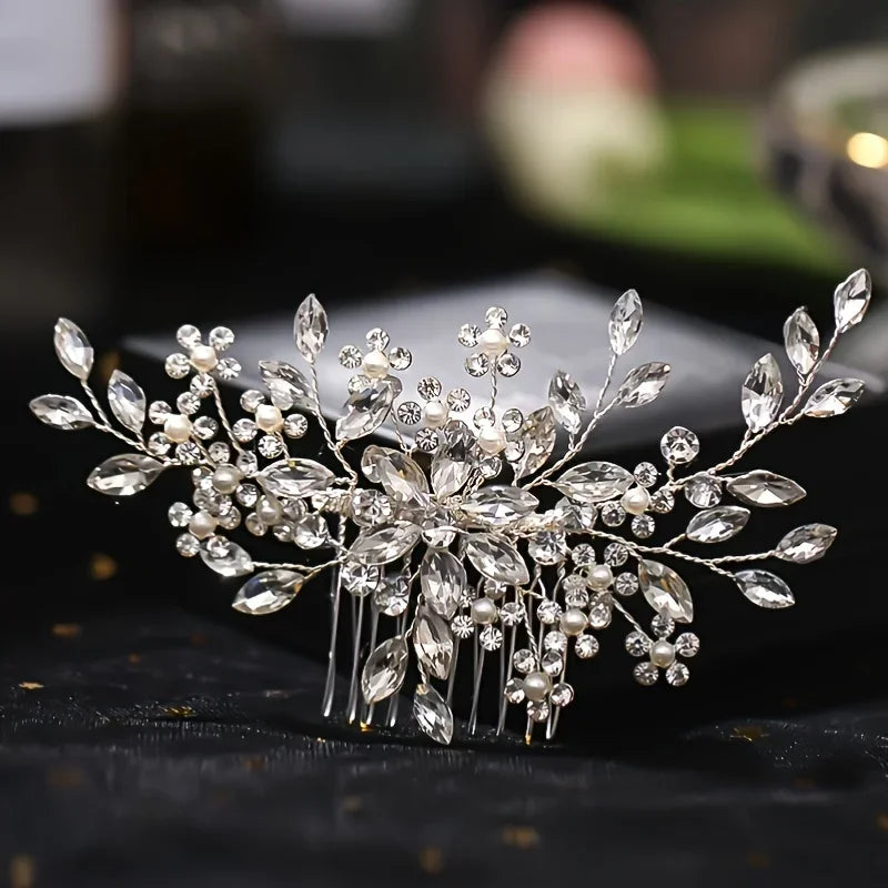 Handmade Silver Crystal Flower Hair Comb Pearl Rhinestone Flower Hair Combs For Women  Hair Jewelry Wedding Hair Accessorie