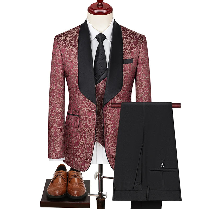 Men's British Style Business Casual Three-Piece Suit Vest Trousers High-Density Jacquard Wedding Prom