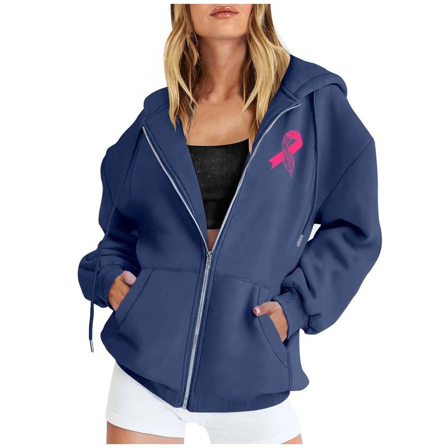 Women's Pink October Hoodies Breast Cancer Awareness Ribbon Feather Print Zipper Sweatshirts Long Sleeve Women Hoodies