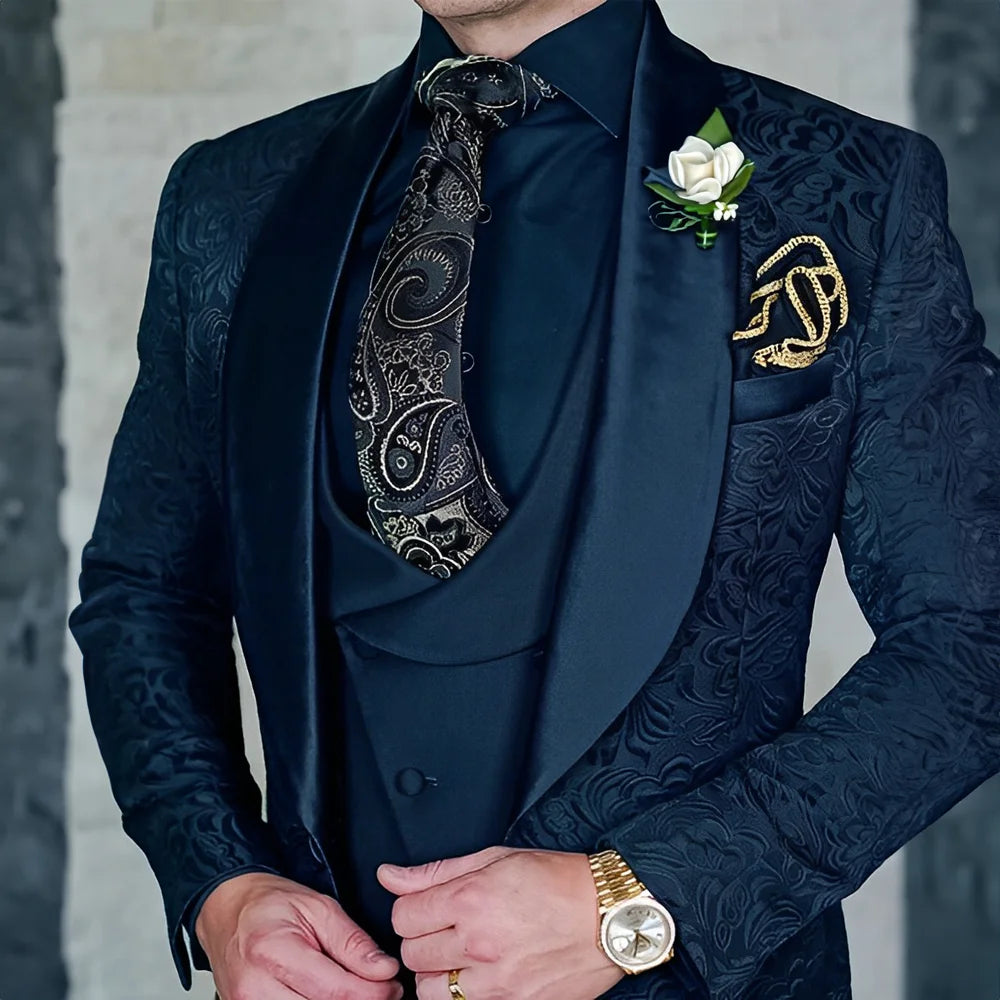 Jacquard Men's 3-piece Suit Set Formal Party Dress Groom's Tuxedo High Quality Elegant Men's Customized Outfit