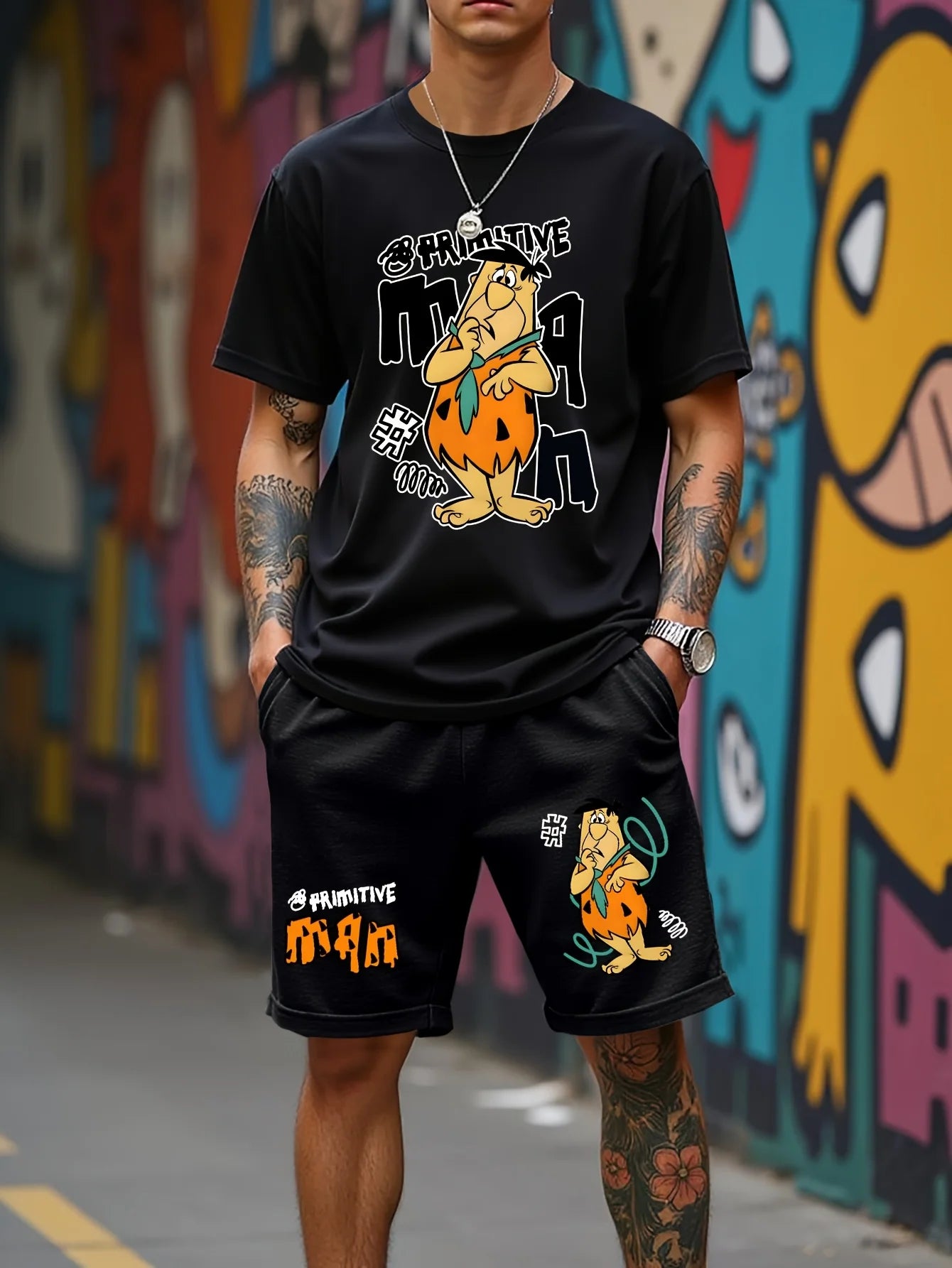 summer Flintstone's graphic men's suit High street top and shorts Comfortable, soft, breathable, lightweight and quick dry