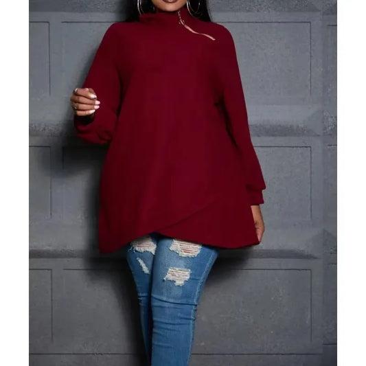 Plus Size 1XL-5XL Women's Fashion Irregular High Neck Casual Sweater Zipper Loose Top Casual Solid Color