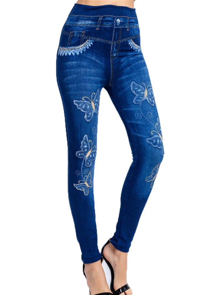 Leggings High Waist Elastic Butterfly Printed Pencil Pants Faux Denim Leggings